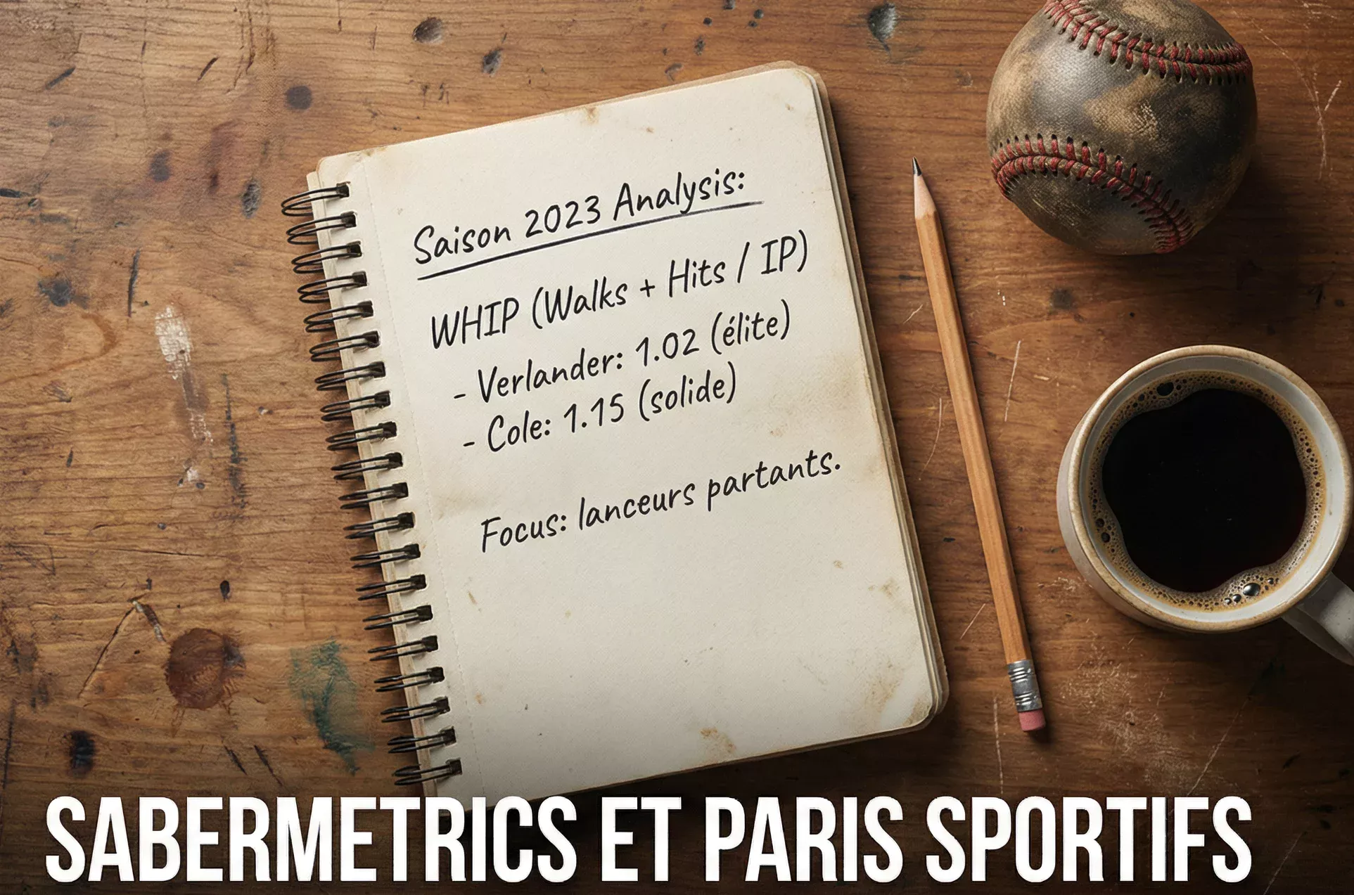 Carnet d'analyse avec statistiques sabermetrics ERA et WHIP posé à côté d'une balle de baseball