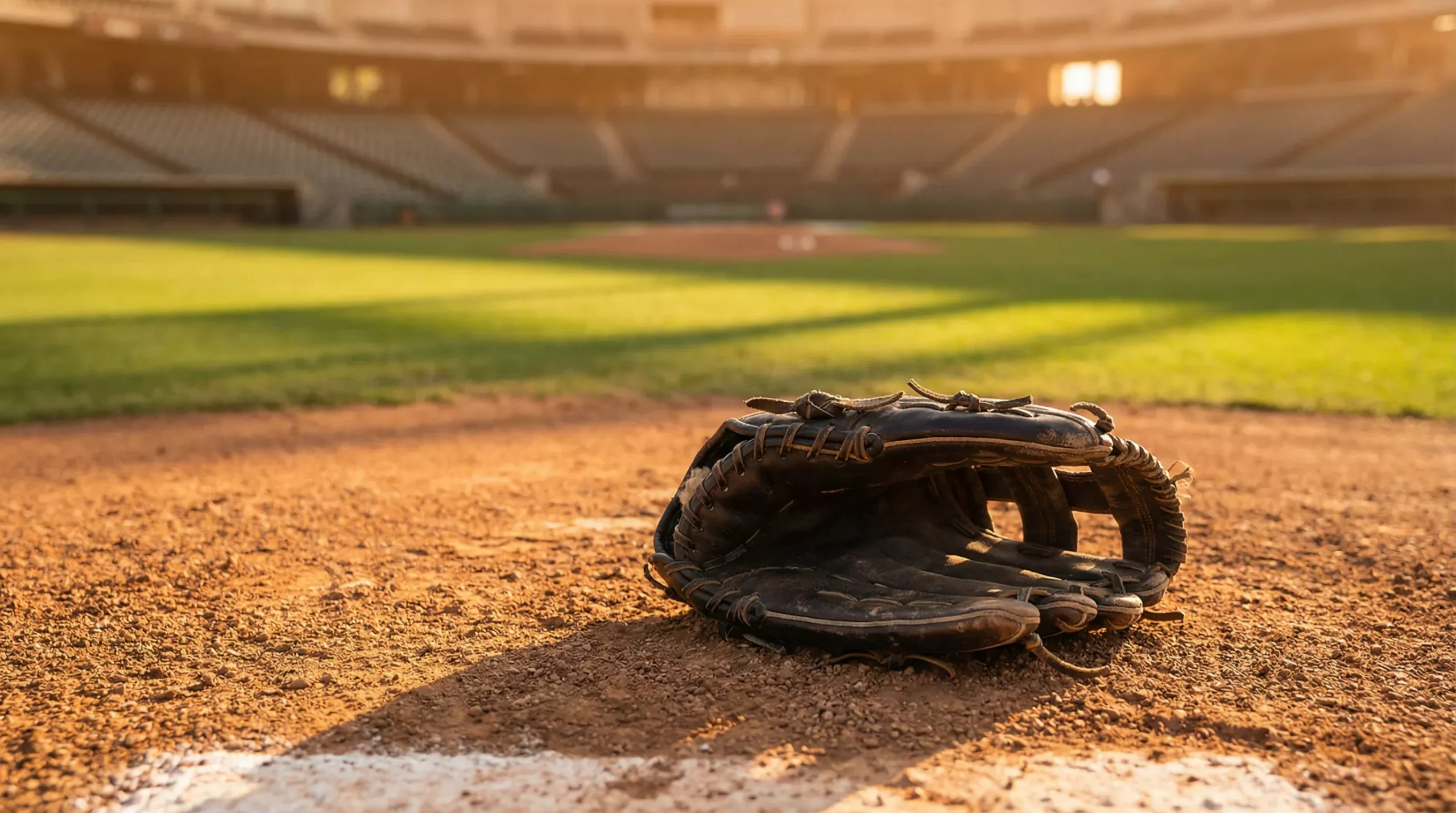 Gant de baseball en cuir sur un terrain de baseball MLB avec lumière dorée