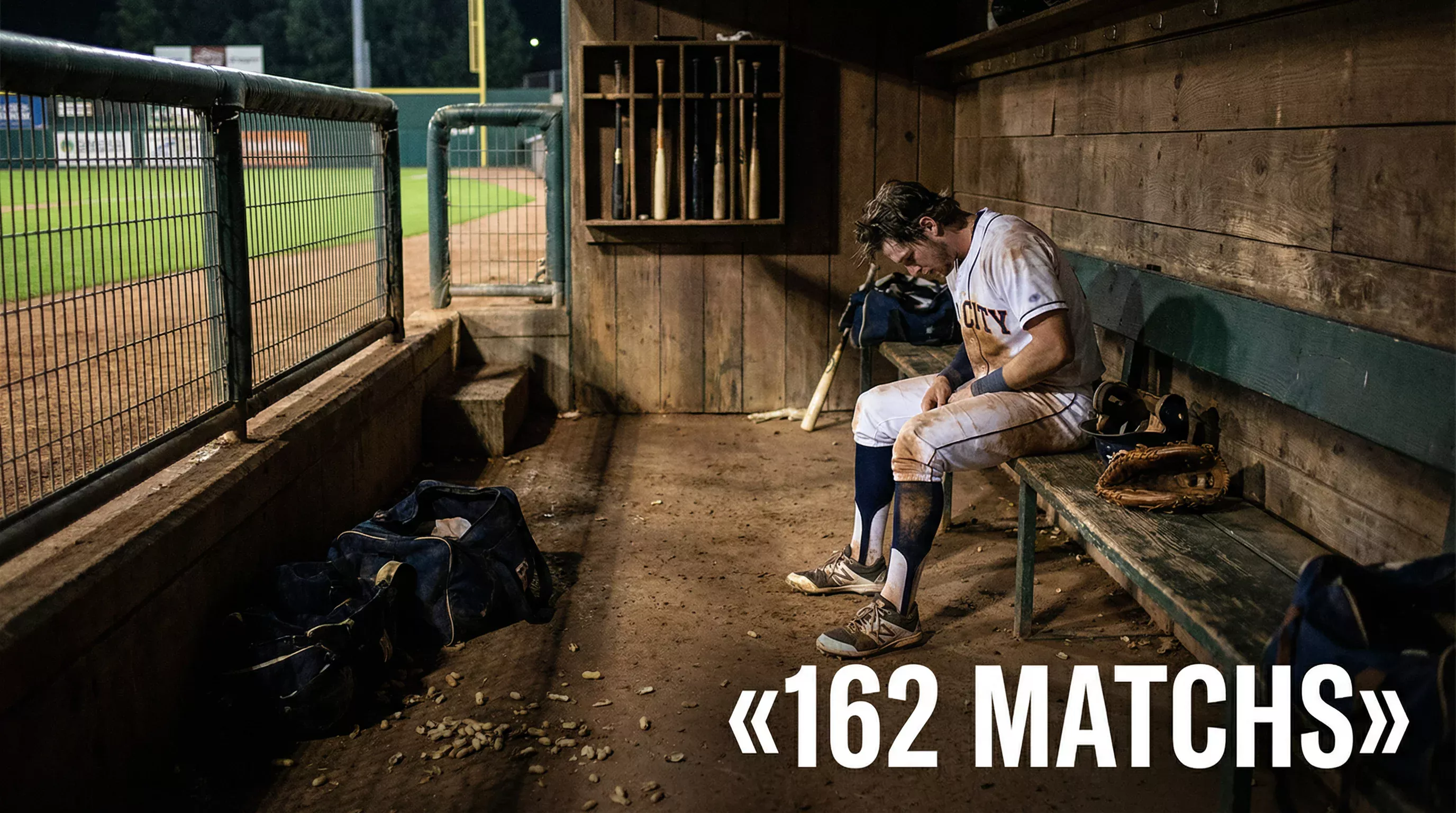 Joueur de baseball MLB assis dans le dugout montrant des signes de fatigue