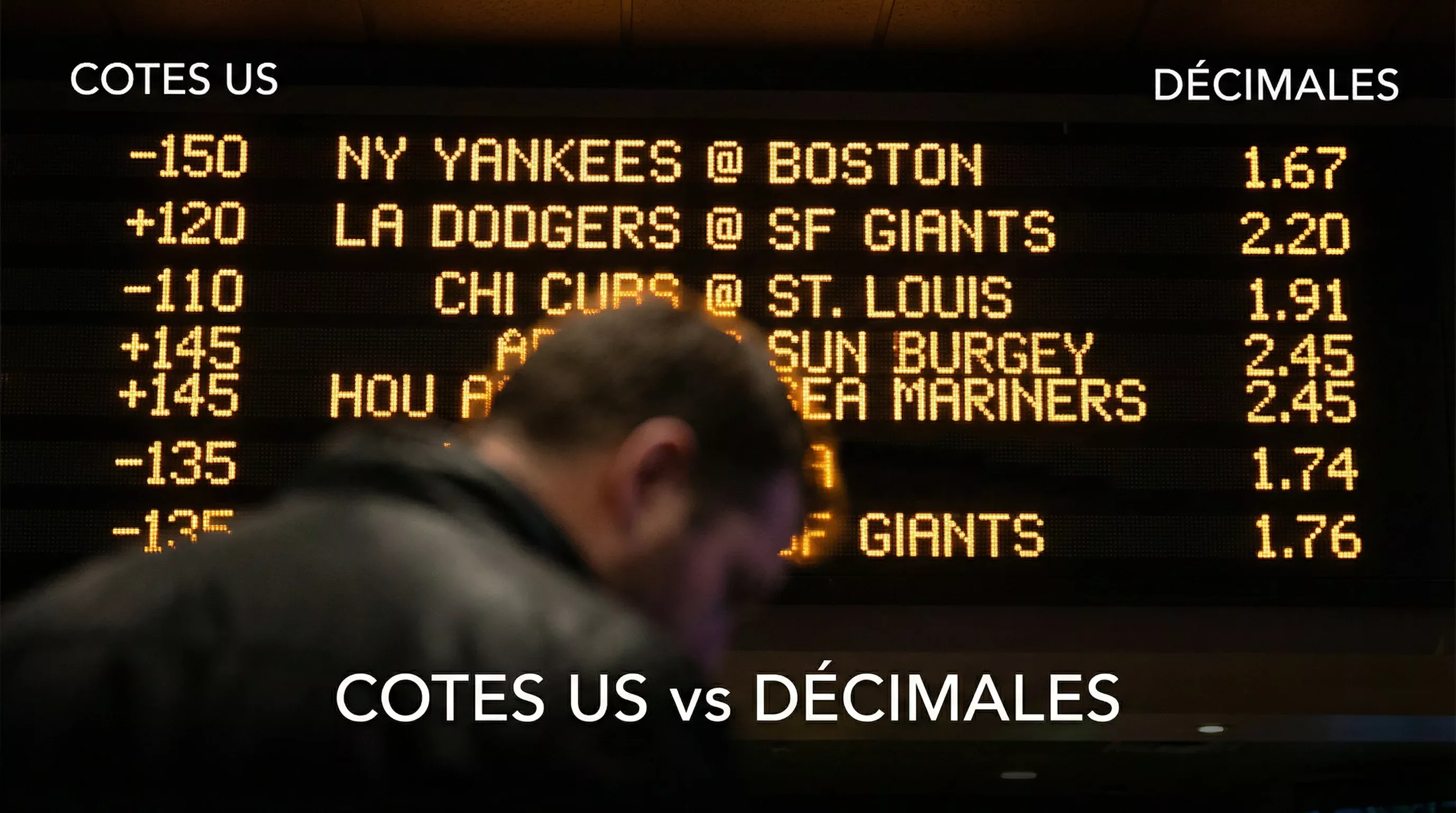 Tableau de cotes de baseball avec les formats américain et décimal côte à côte