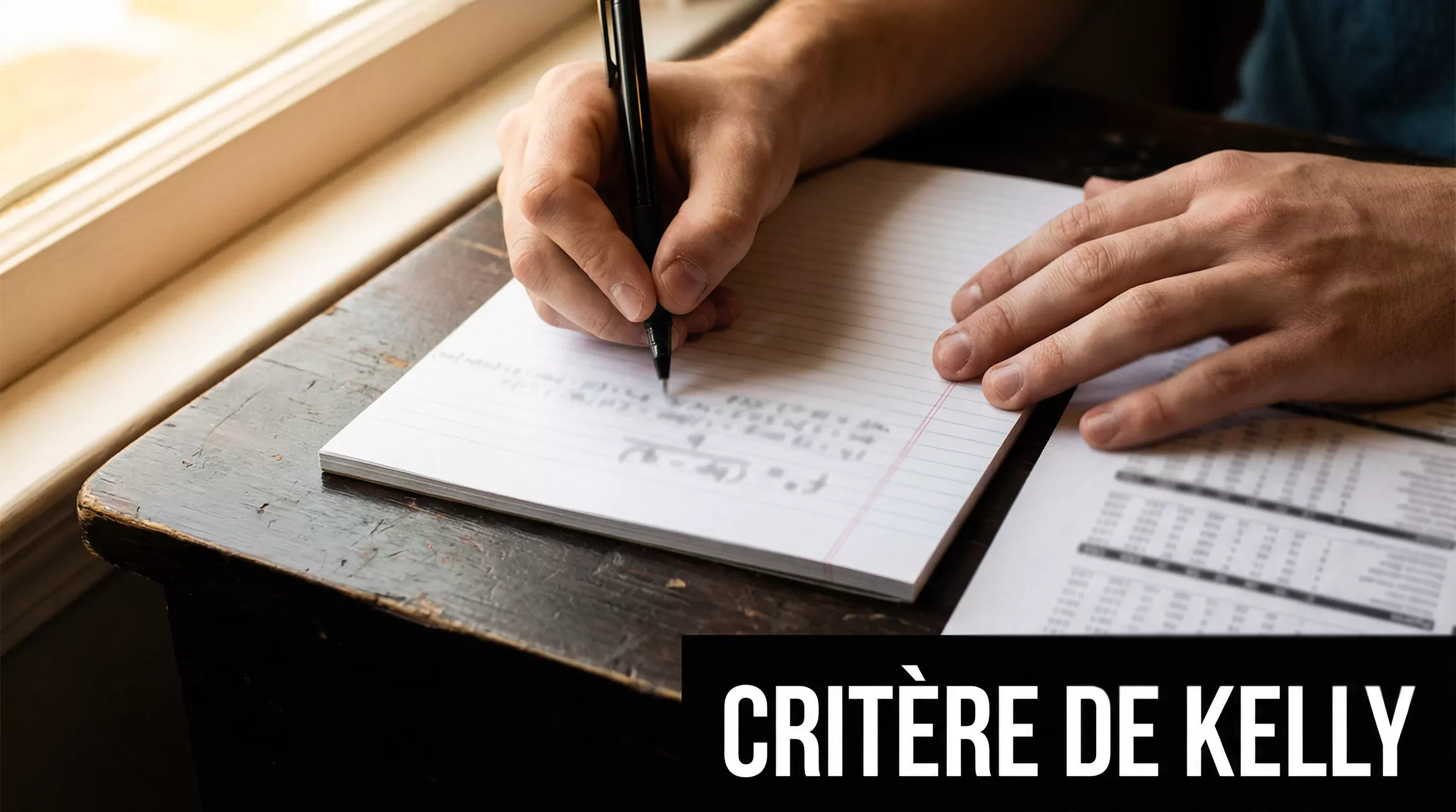 Personne prenant des notes avec un stylo sur un carnet à côté de documents de statistiques baseball