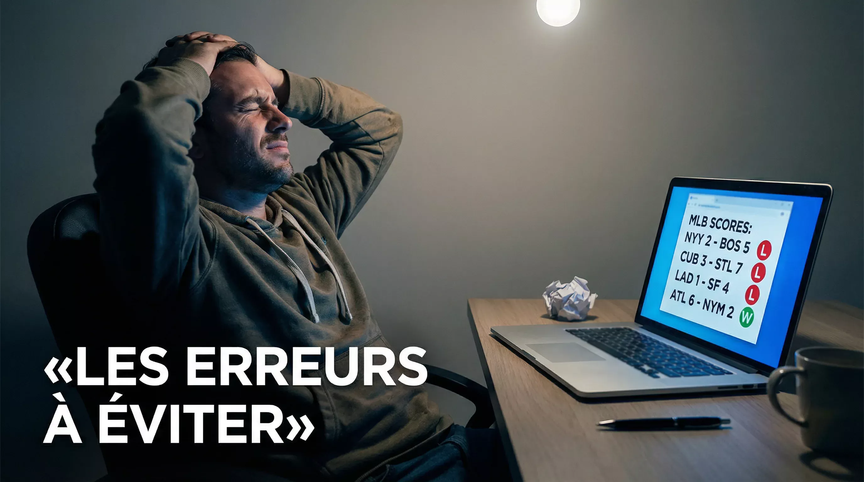Homme frustré se tenant la tête devant un écran affichant des résultats de baseball