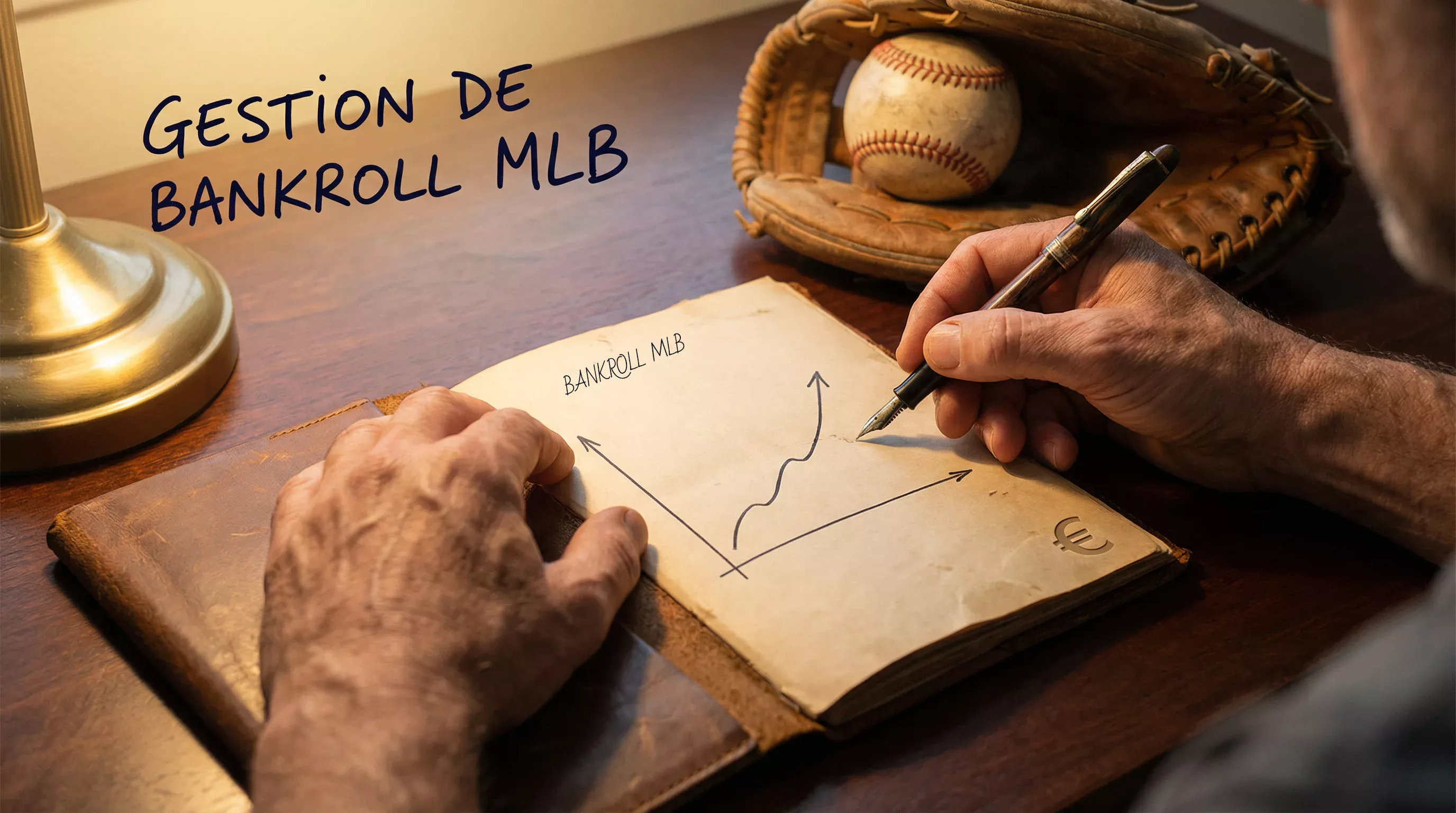 Bloc-notes avec plan de mise et symbole € posé sur une table à côté d'un gant de baseball