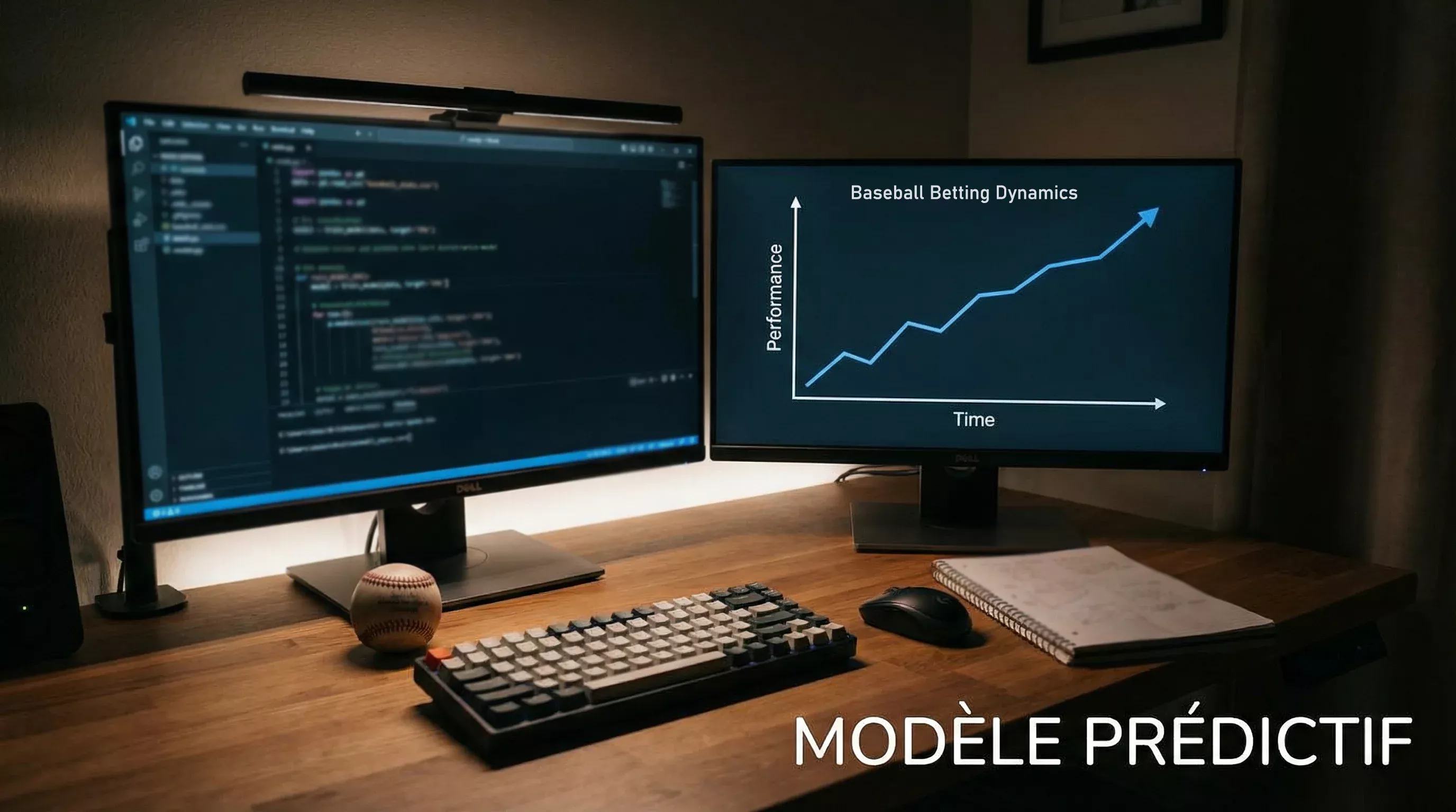 Écran d'ordinateur affichant des lignes de code et un graphique de données baseball