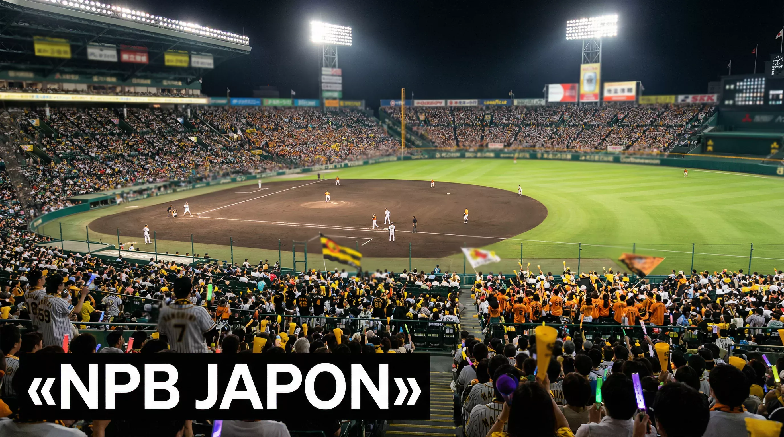 Stade de baseball japonais NPB rempli de supporters agitant des drapeaux