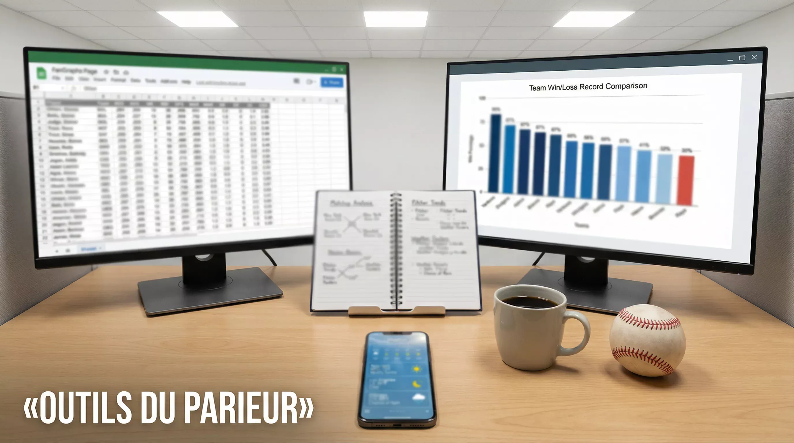 Bureau avec deux écrans affichant des tableaux de statistiques et graphiques de baseball
