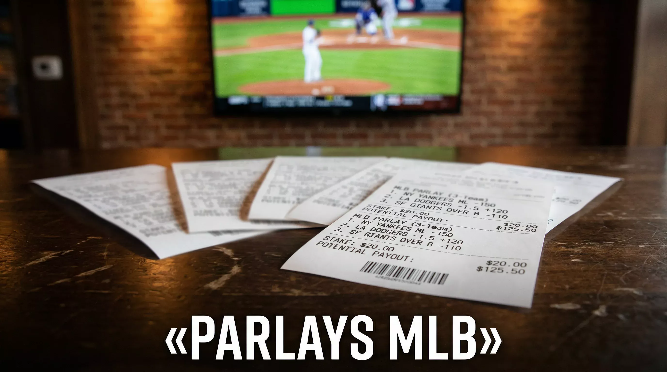 Plusieurs billets de paris sportifs empilés sur une table avec un match de baseball en arrière-plan