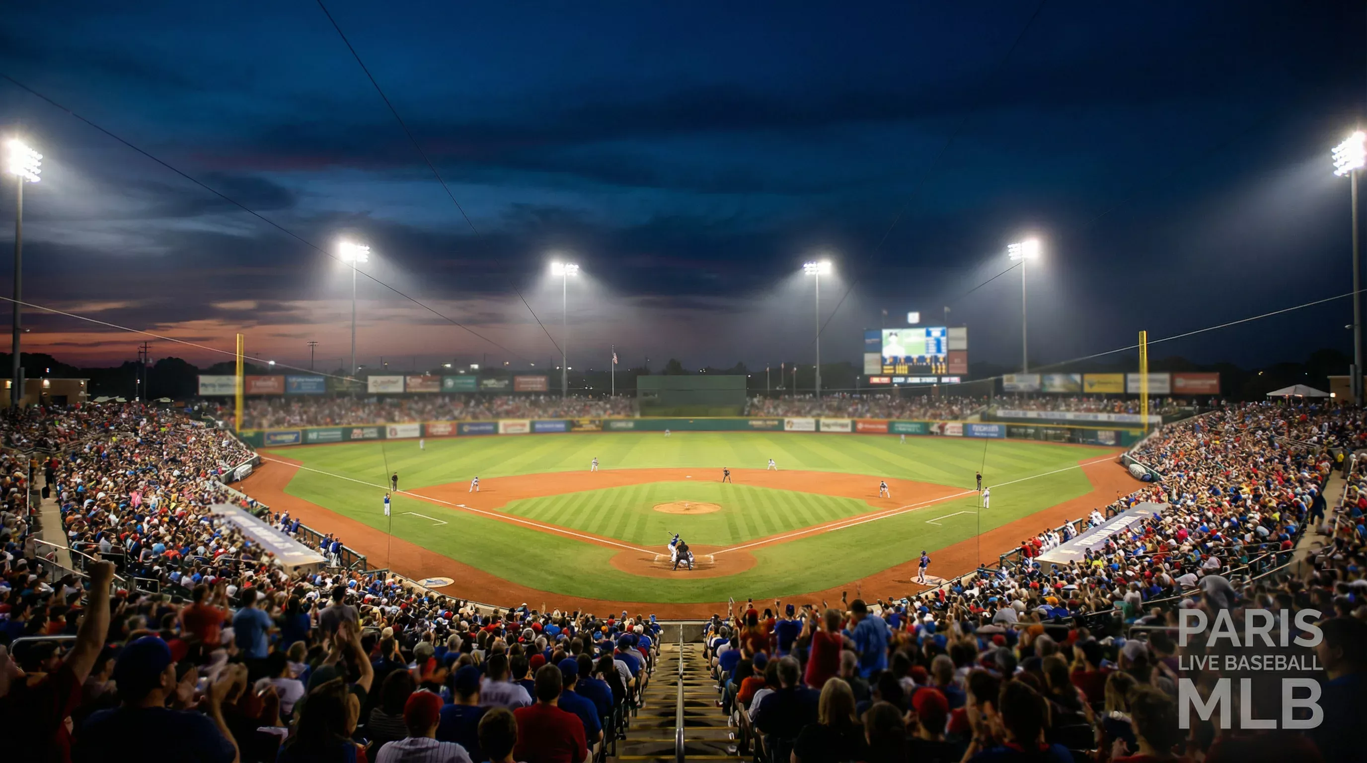 Stade de baseball MLB éclairé en soirée avec tableau d'affichage des scores en direct