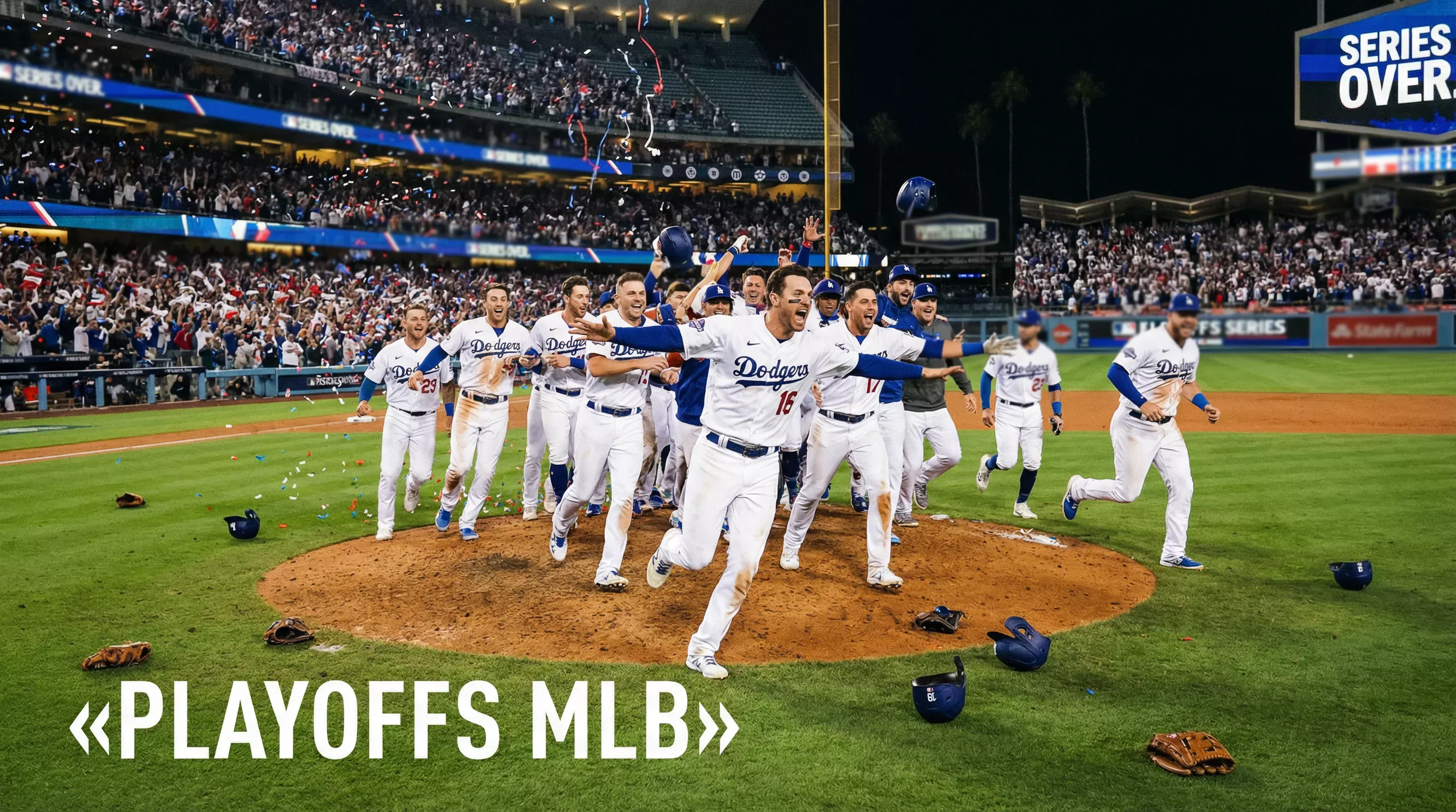 Joueurs de baseball MLB célébrant une victoire en playoffs sur le terrain