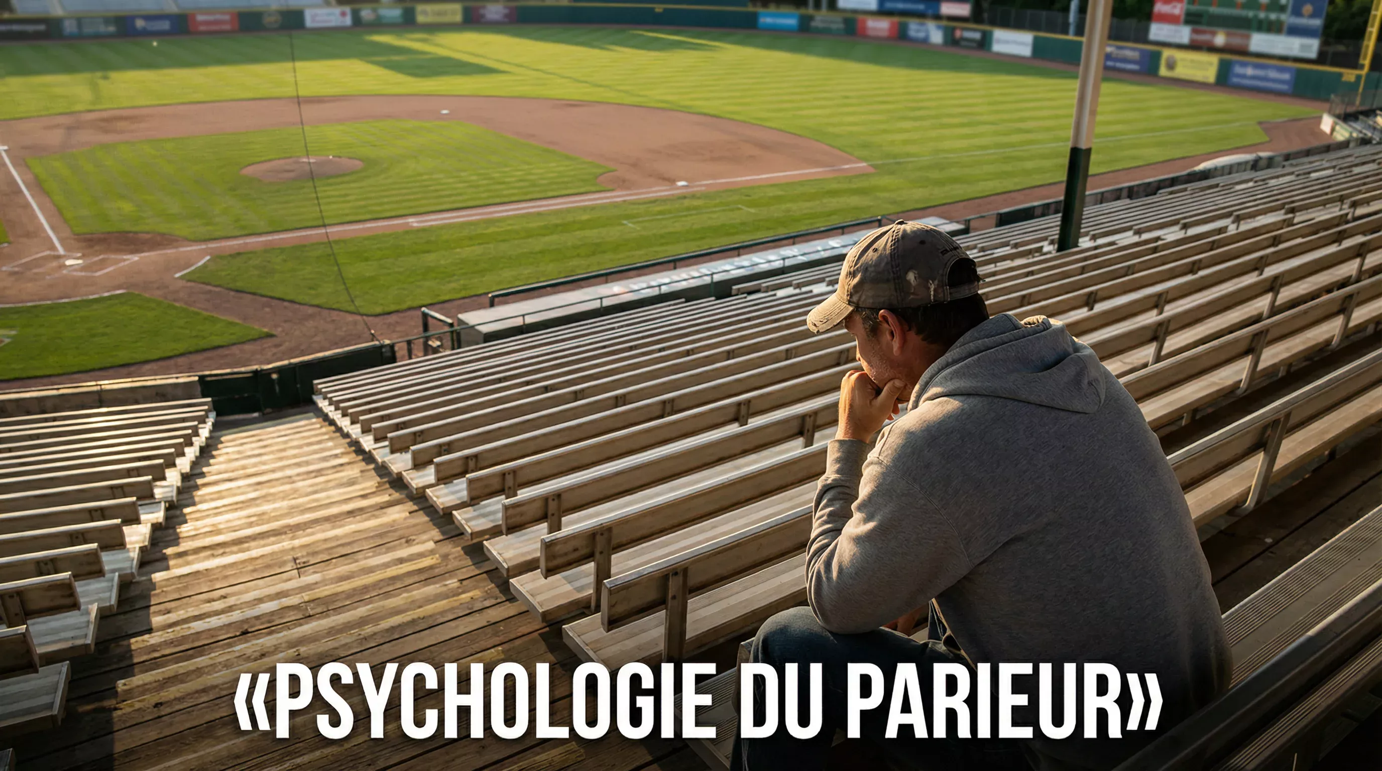 Homme pensif assis seul dans les tribunes vides d'un stade de baseball