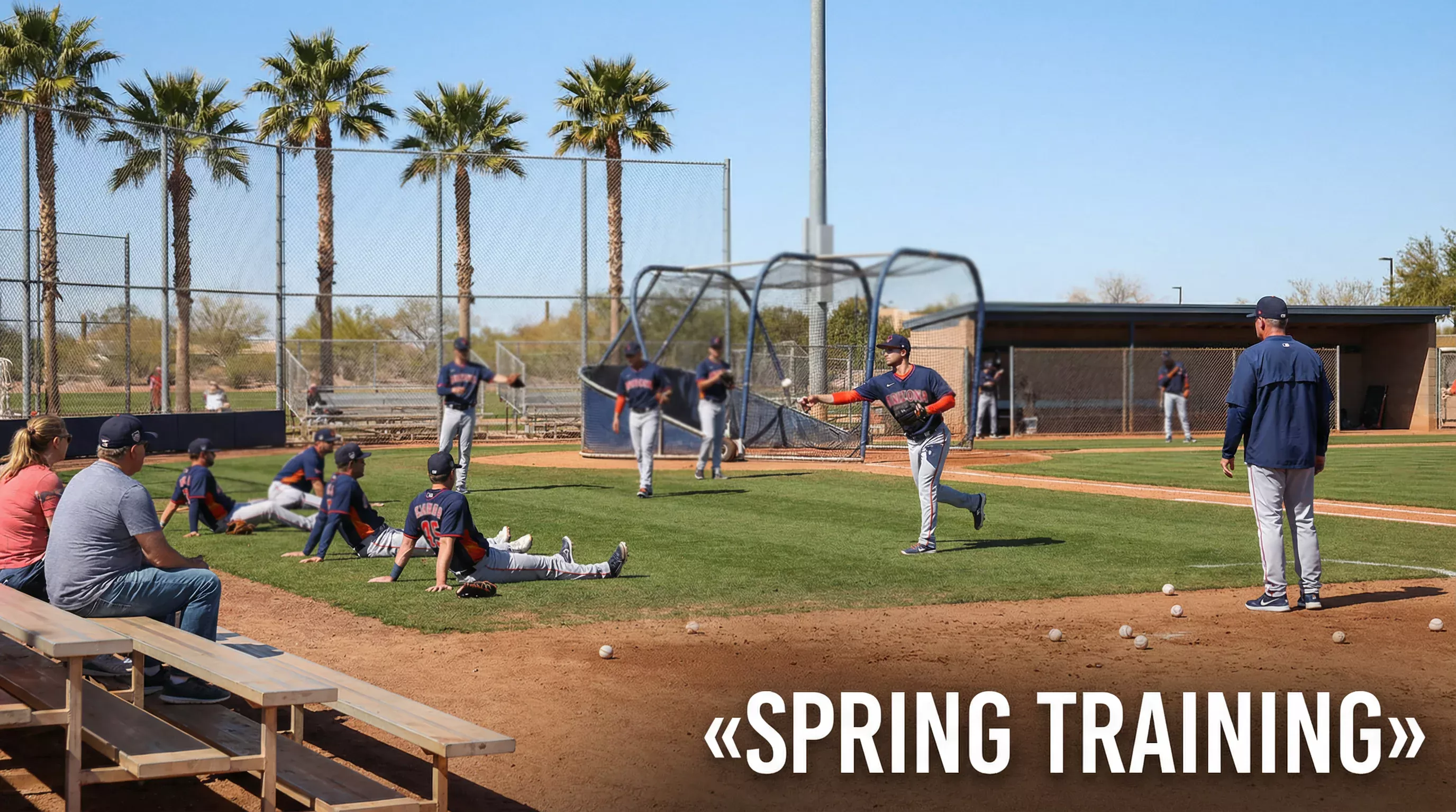 Joueurs de baseball MLB s'entraînant sur un terrain ensoleillé de spring training