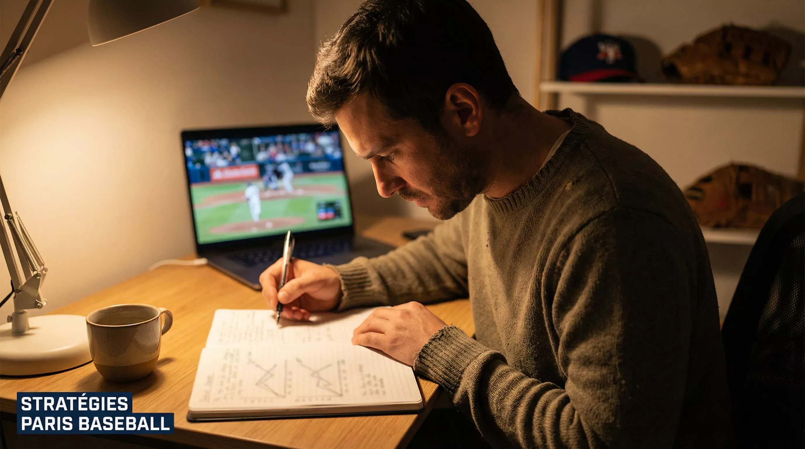 Parieur sportif analysant des statistiques baseball avec carnet de notes et écran de match MLB